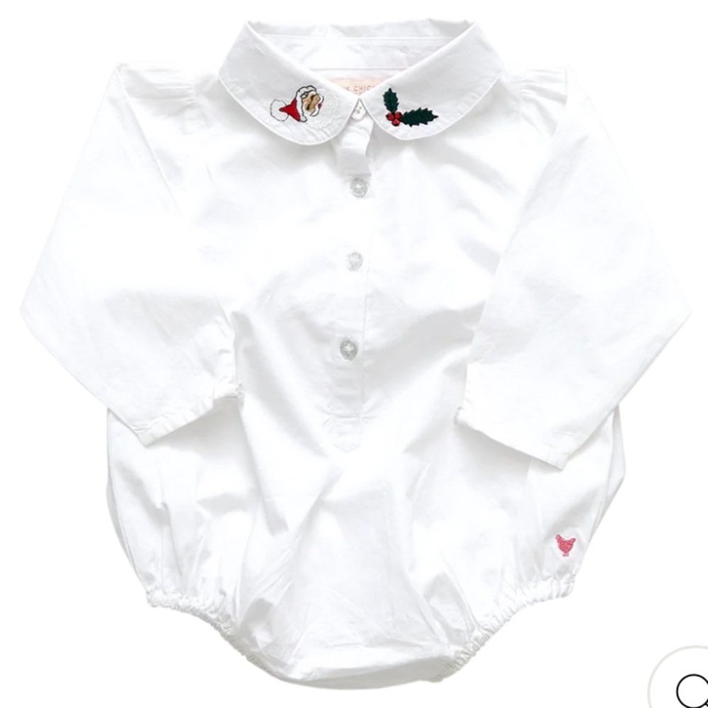Pink Chicken White Baby Collar Bodysuit-Holiday Embroidery